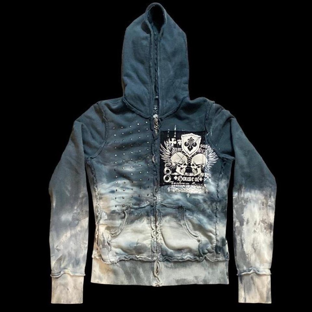 crazy distressed Affliction studded skulls zip up hoodie size women’s medium